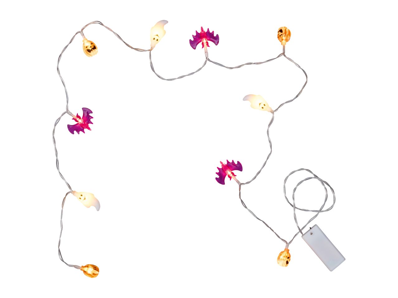 Halloween LED string lights with pumpkin, ghost, and bat shapes