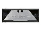 Silver utility knife blade with a black plastic holder, featuring an embossed logo.