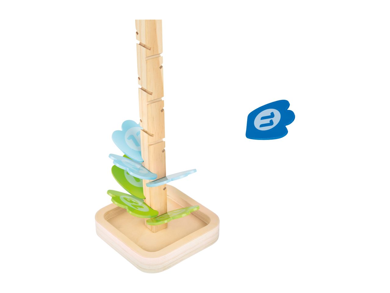Wooden marble run with blue and green leaf-shaped tracks and a blue marble.