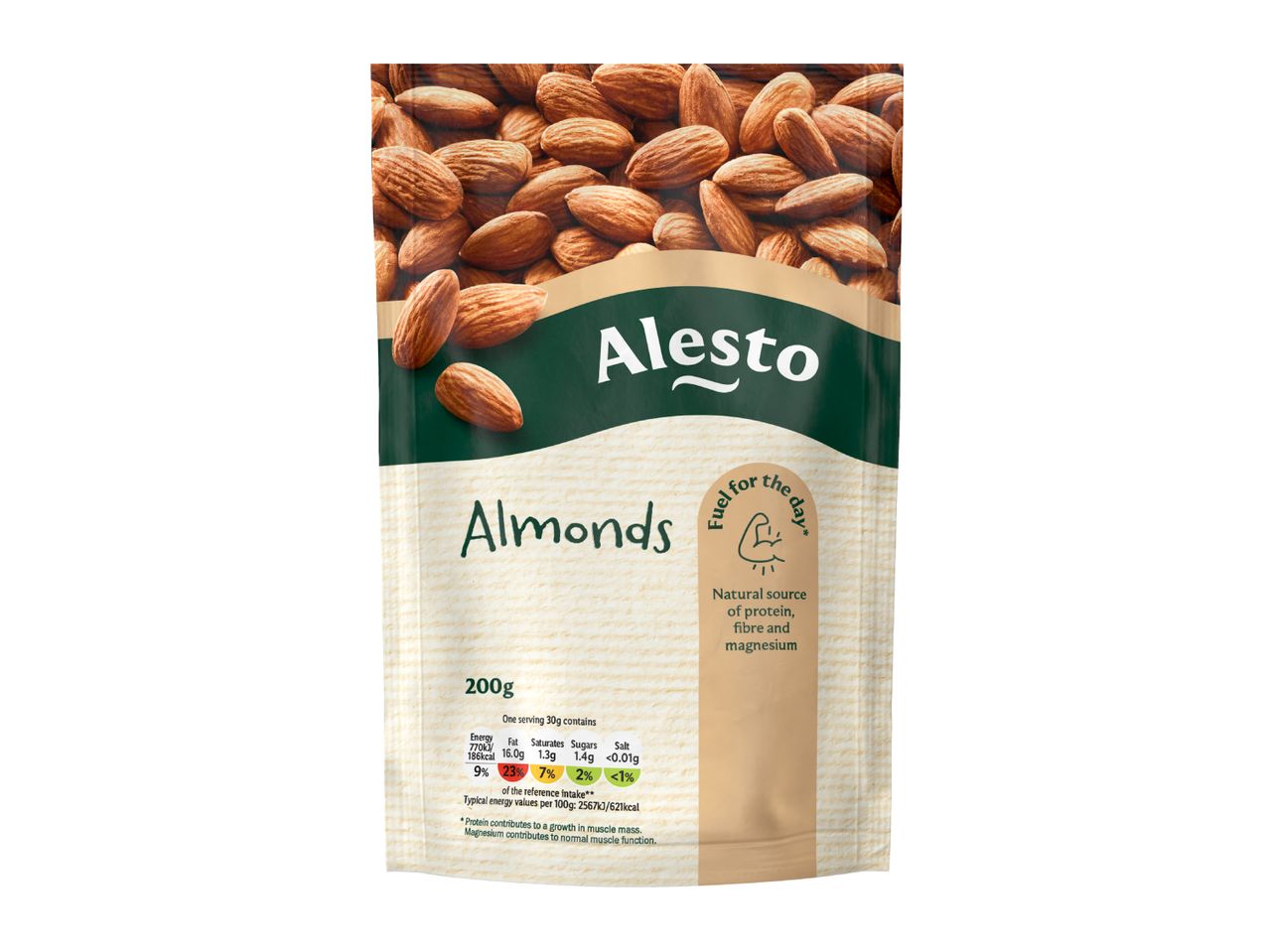 A bag of almonds with nutritional information and health benefits listed.