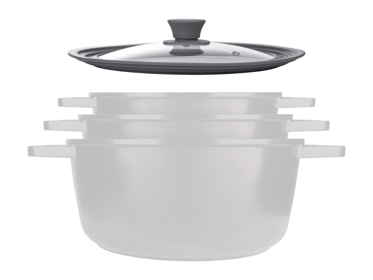 A stack of three white pots with a gray and clear glass lid floating above them.