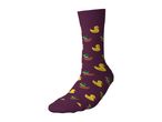 Purple sock with yellow and brown duck patterns