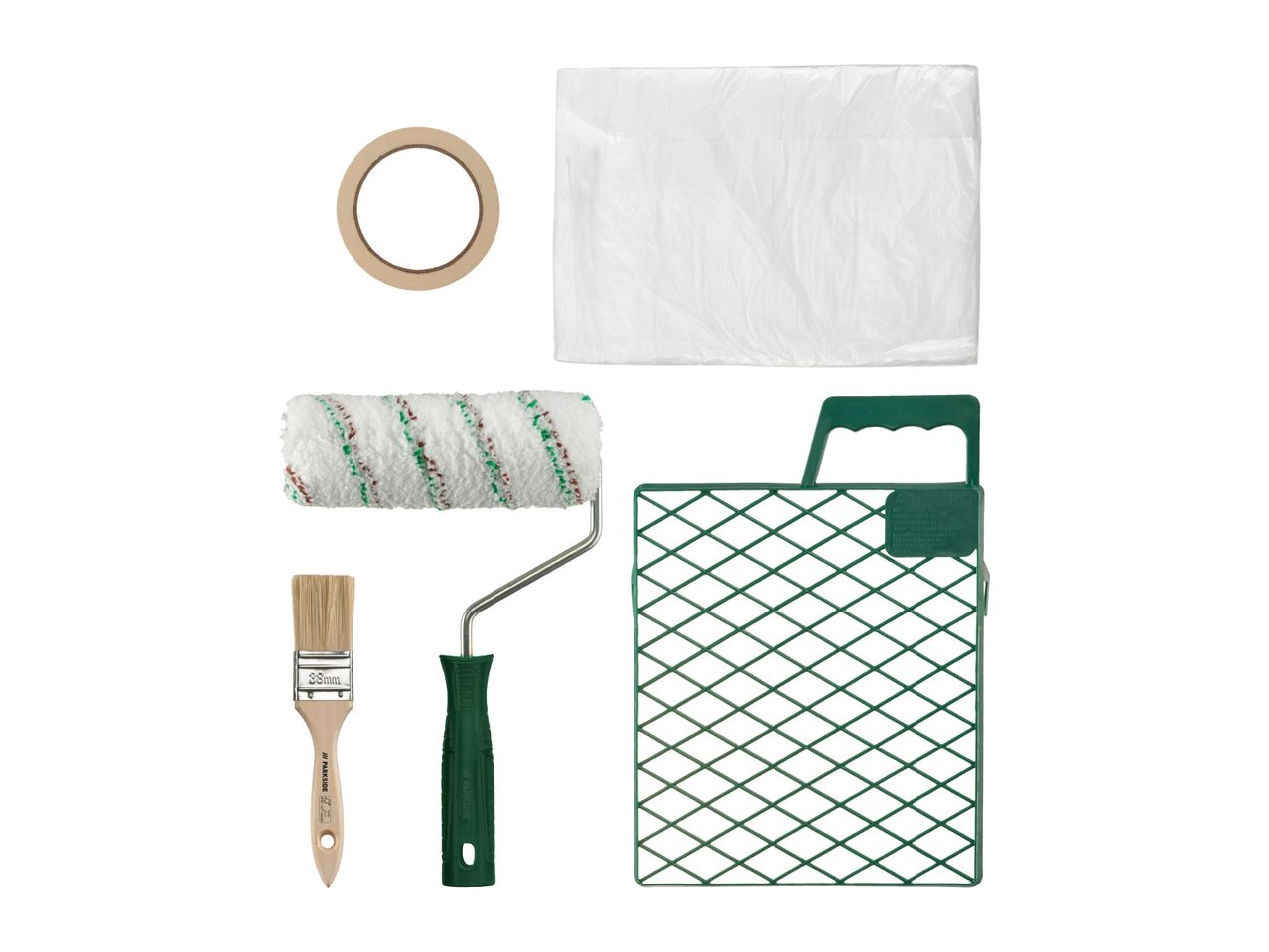 A set of painting tools including a paint roller, brush, masking tape, and plastic sheeting.
