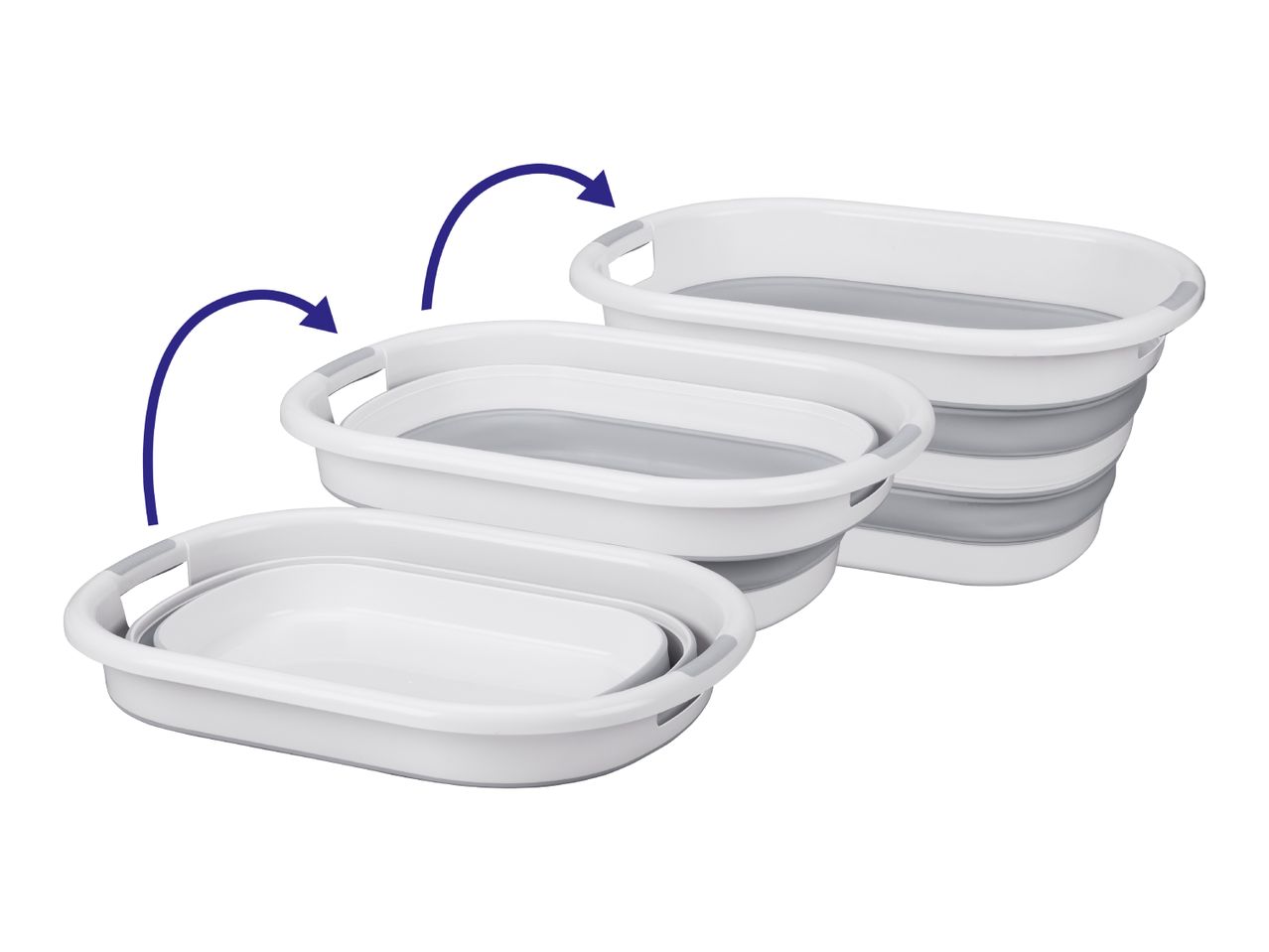 Three collapsible laundry baskets in white and grey, showing the collapsing process.