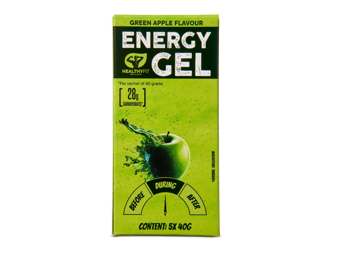 Healthy Fit Energy Gel met groene appelsmaak, met voedingsinformatie en gebruik.
