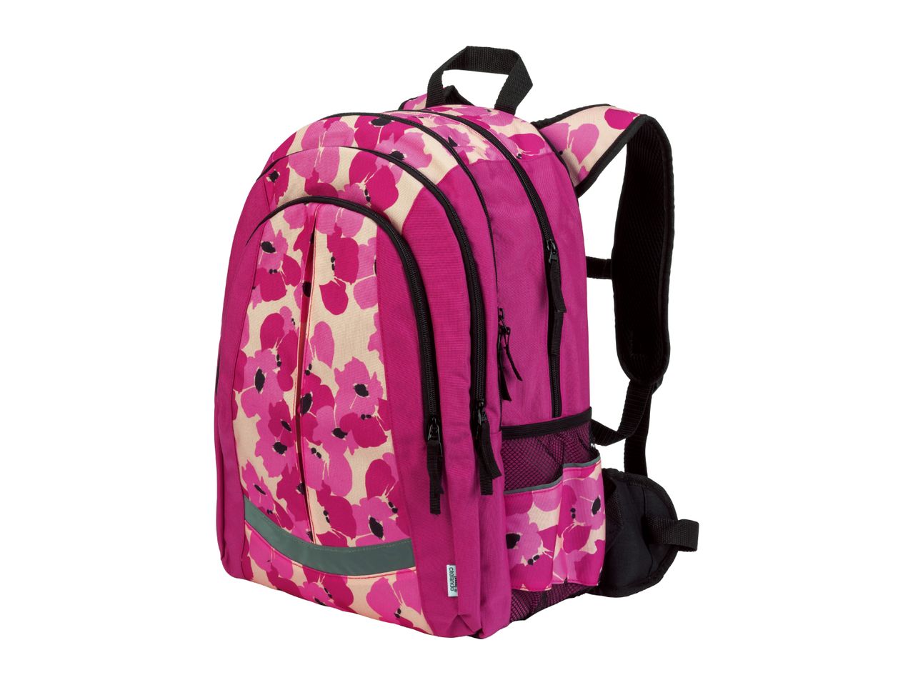 Pink floral backpack with multiple compartments and black straps.