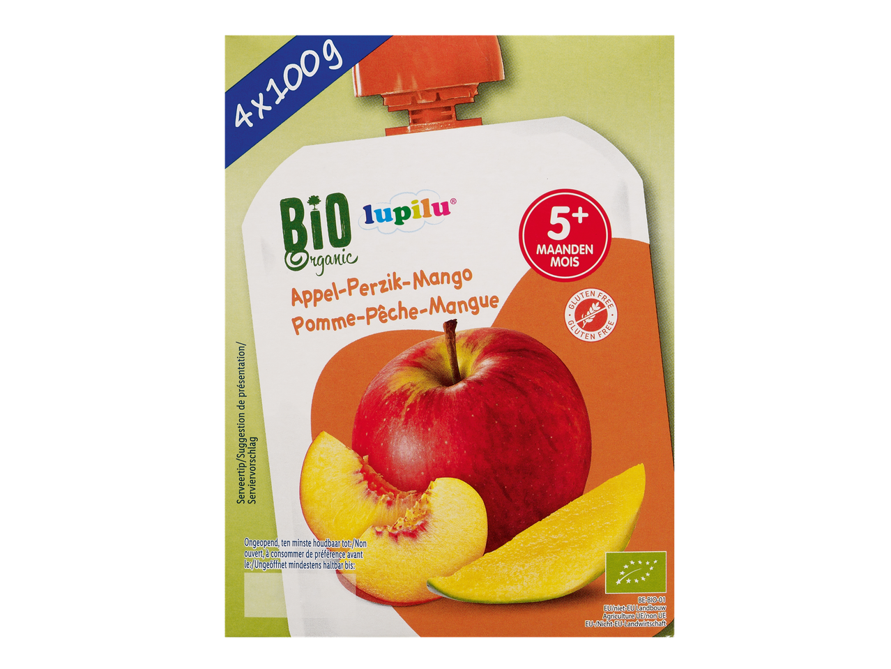Pochette de purée de fruits bio Lupilu pomme, pêche et mangue pour bébés 5+ mois, sans gluten.