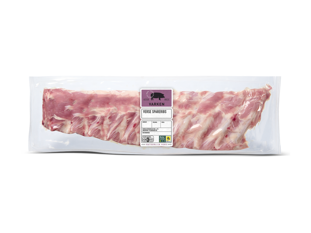 Verpakte verse spareribs met een etiket dat 'Varken' en 'Verse Spareribs' vermeldt.