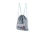 Gray drawstring hockey bag with colorful logo.
