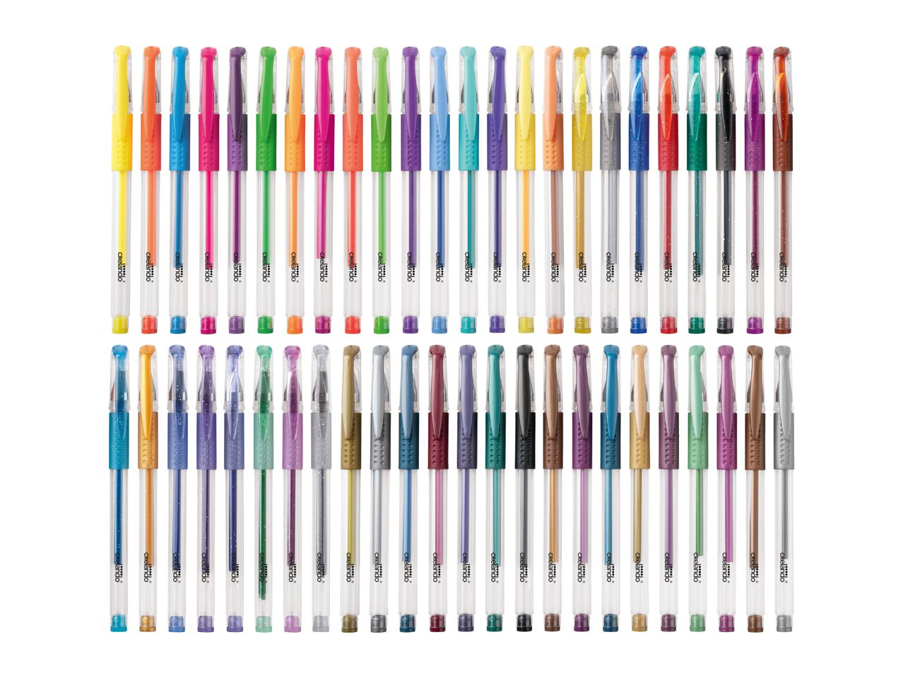 A vibrant collection of 48 gel pens in various colors, including neon, glitter, and metallic shades.