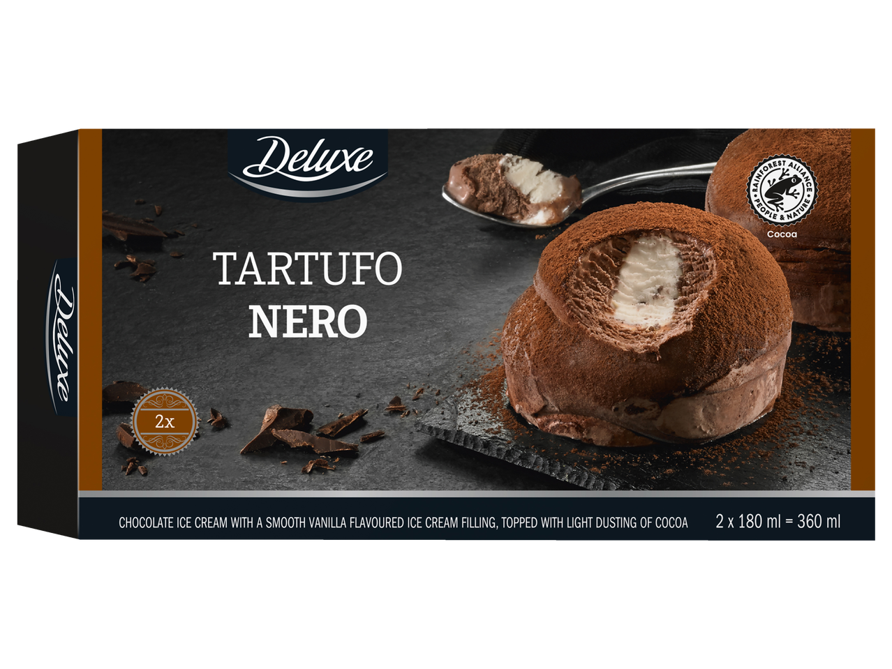 Deluxe Tartufo Nero: šokolaadijäätis vanilliga, kaks portsjonit.