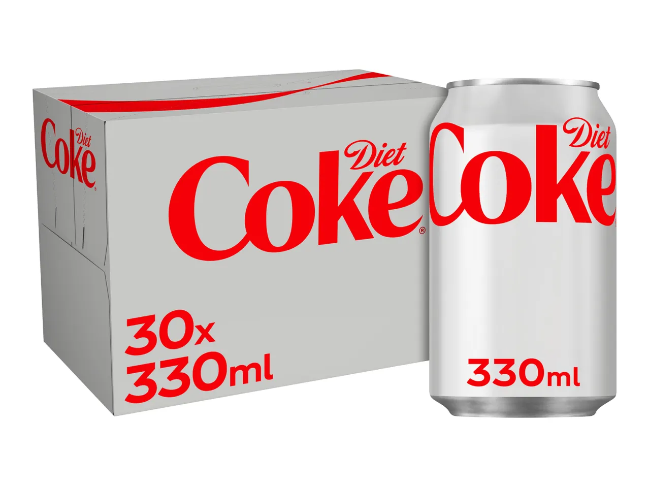 A 30-pack of diet soda cans and a single can, both 330ml, with red text on white.