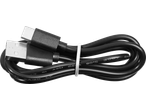 Cabo USB preto enrolado com conectores Tipo A e C, amarrado com uma fita branca.