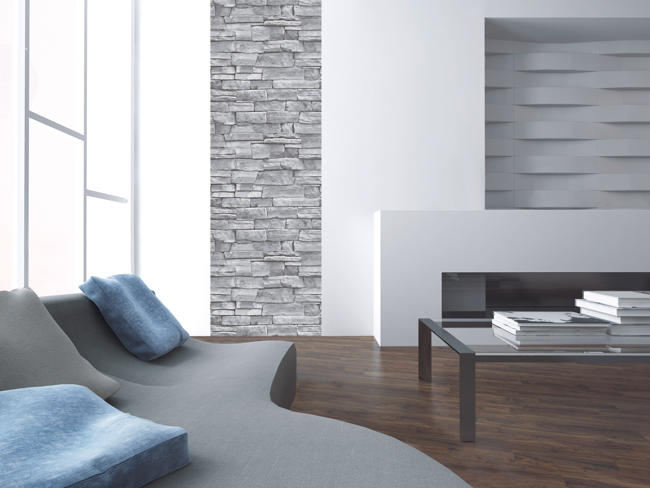 Modern living room with a sofa, coffee table, and decorative stone wall.