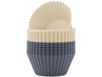 A stack of silicone baking cups in beige and gray.