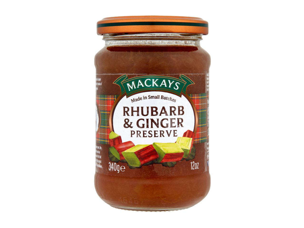 Jar of rhubarb and ginger preserve with a tartan label, showing 340g and 12oz.