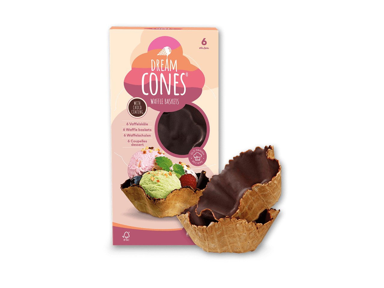 Pakke med 6 chokoladeovertrukne vaffelkurve til dessert, med et billede af is i kurvene.