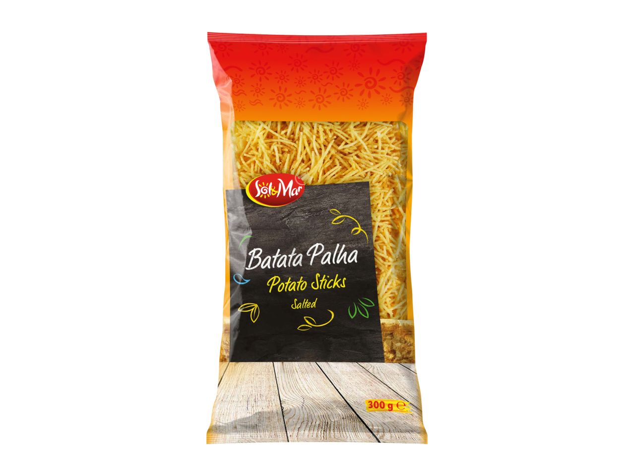 Bag of potato sticks with a red and orange top, black label, and wooden texture bottom.