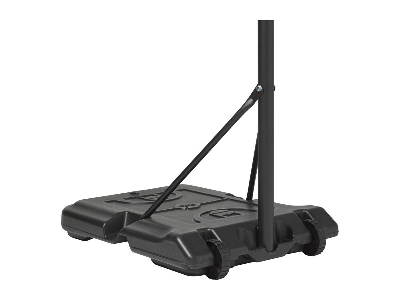 A black portable basketball hoop base with wheels.
