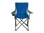 Blue folding chair with cup holder and storage.