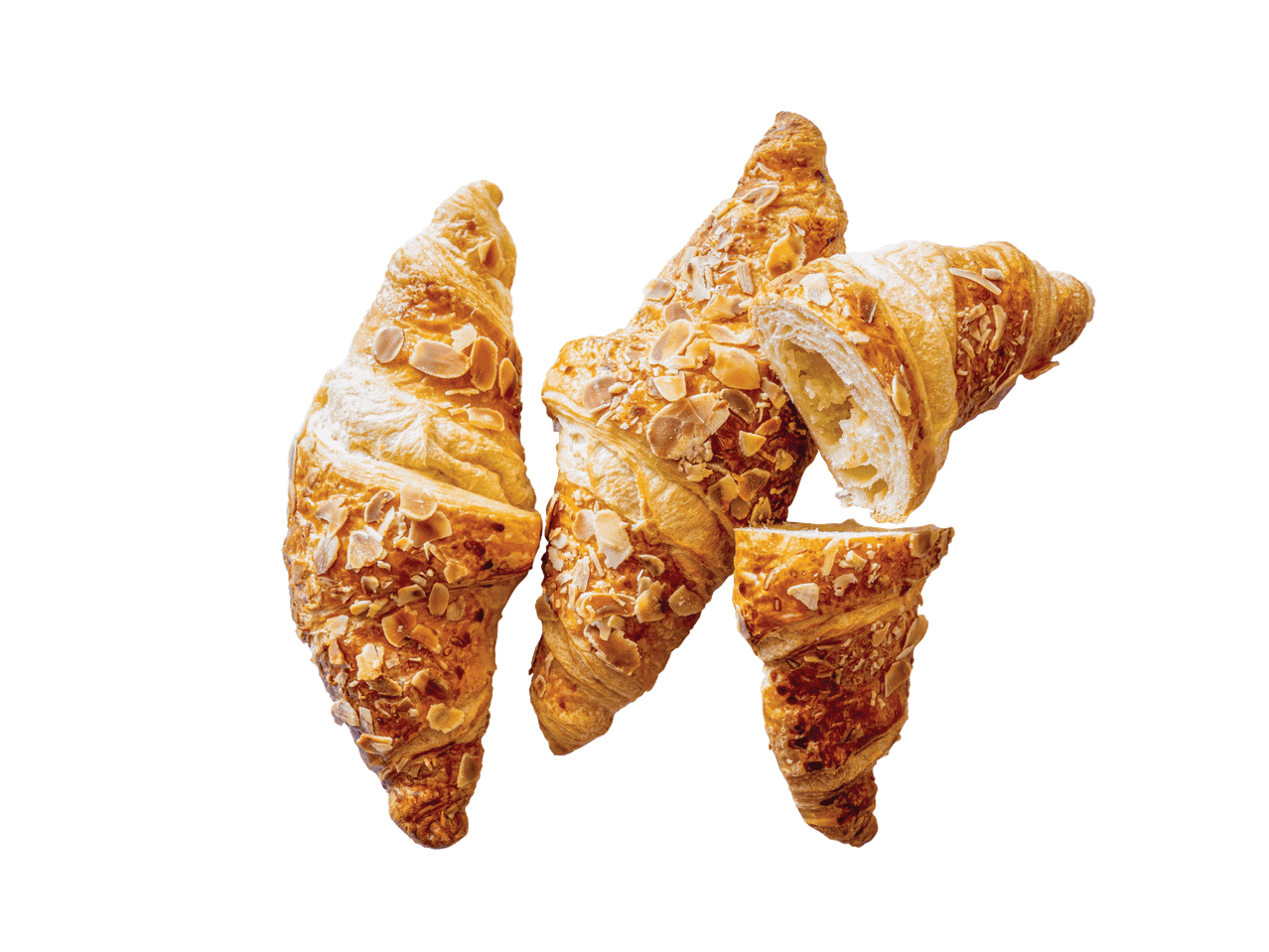 Migdoliniai kruasanai su įdaru, vienas perpjautas.