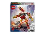 Toy box with a red and gold robot fighting a smaller grey robot, with a flying figure above.