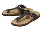 Pair of dark brown thong sandals with cork soles and adjustable buckles.