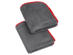 Two folded grey microfiber cloths with red trim, for car cleaning.