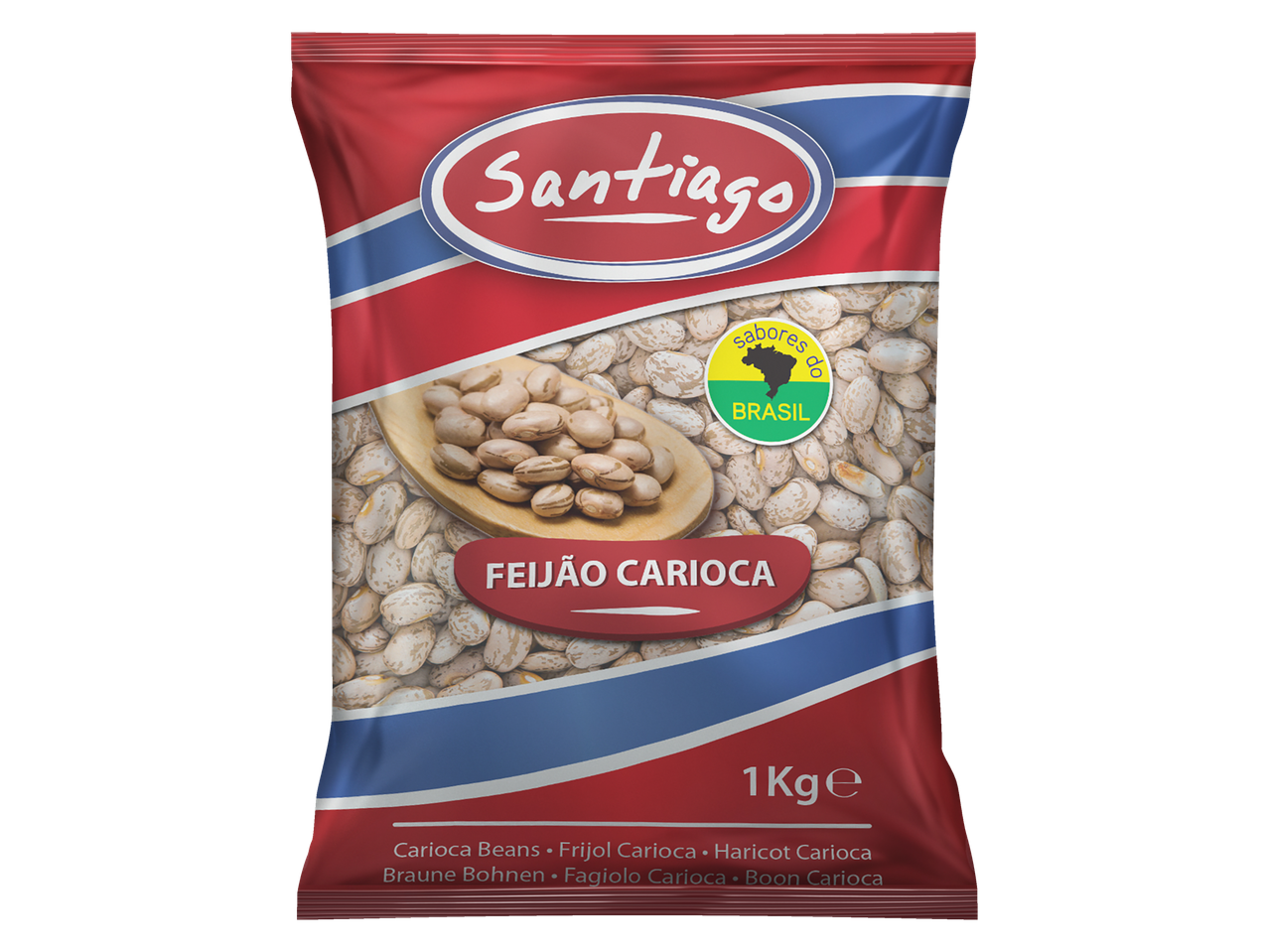 Santiago Carioca Beans: 1kg of white beans in red packaging.