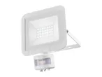 A white LED floodlight with a motion sensor attached, angled upwards on a white background.