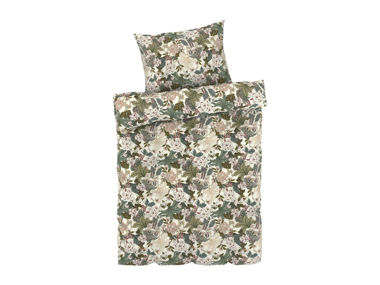 Floral bedding set: duvet cover, pillowcase, fitted sheet.