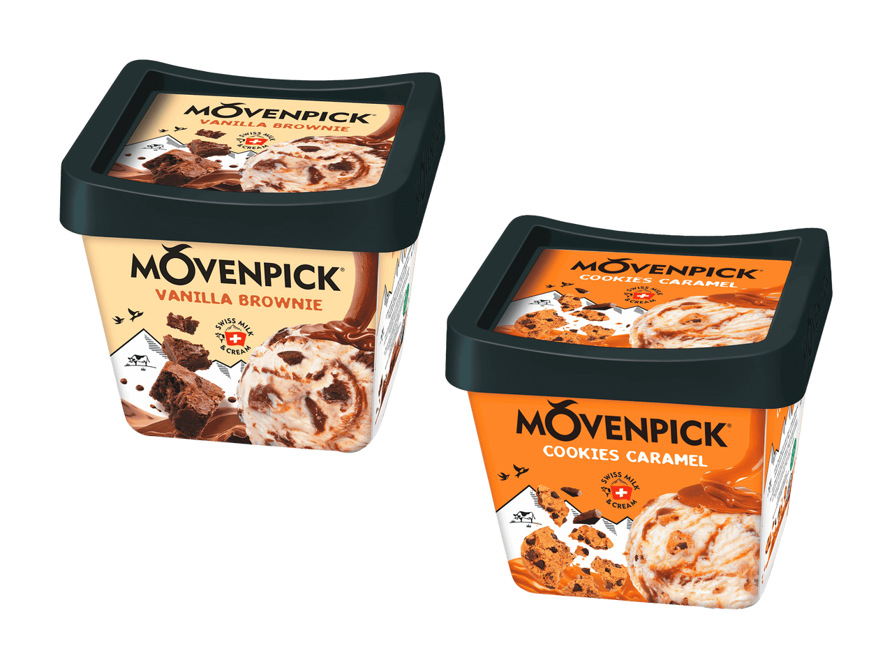 Zwei Movenpick Eisbecher: Vanille Brownie und Cookies Caramel.