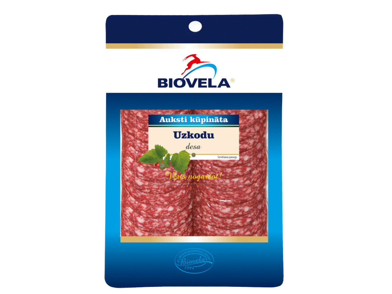 Pakend Biovela Auksti kūpināta Uzkodu desa vorstiga.