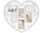 White heart-shaped multi-photo frame with decorative cutouts and various interior scenes.
