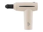 A beige massage gun with a black massage head and a logo on the handle.