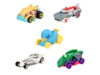 Five Hot Wheels cars: orange shark, grey monster truck, blue duck, white hot rod, green dragon.