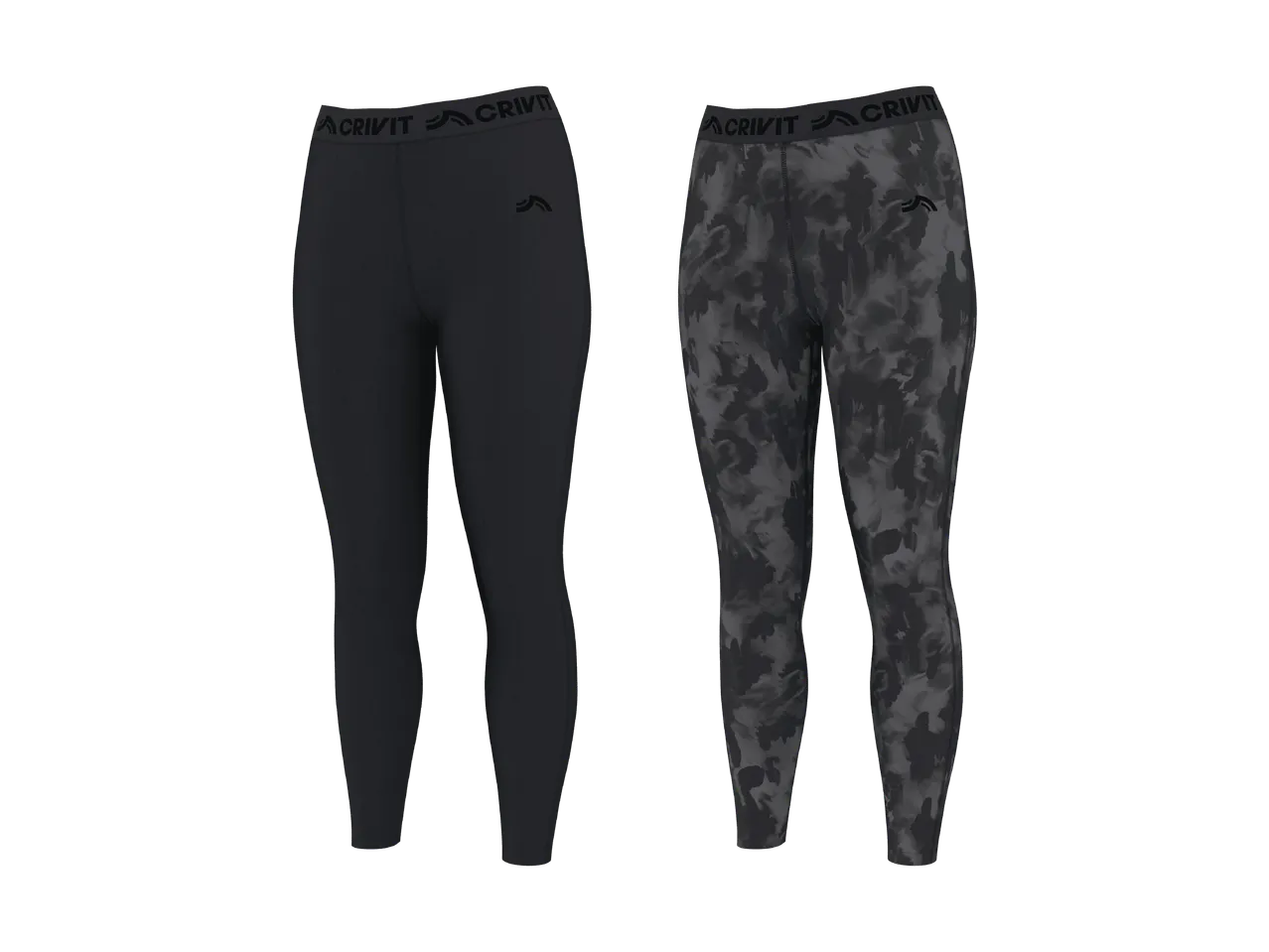 Zwei Damen-Sportleggings, eine einfarbig schwarz und eine mit grauem Camouflage-Muster.
