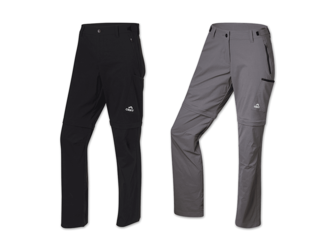Zwei Paar Outdoor-Hosen, eine schwarze und eine graue, mit abnehmbaren Beinen.