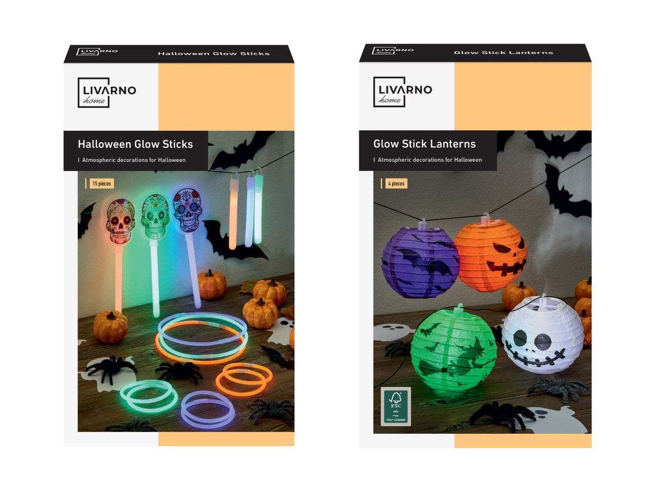 Halloween-glødepinde og glødelanterner fra Livarno Home.