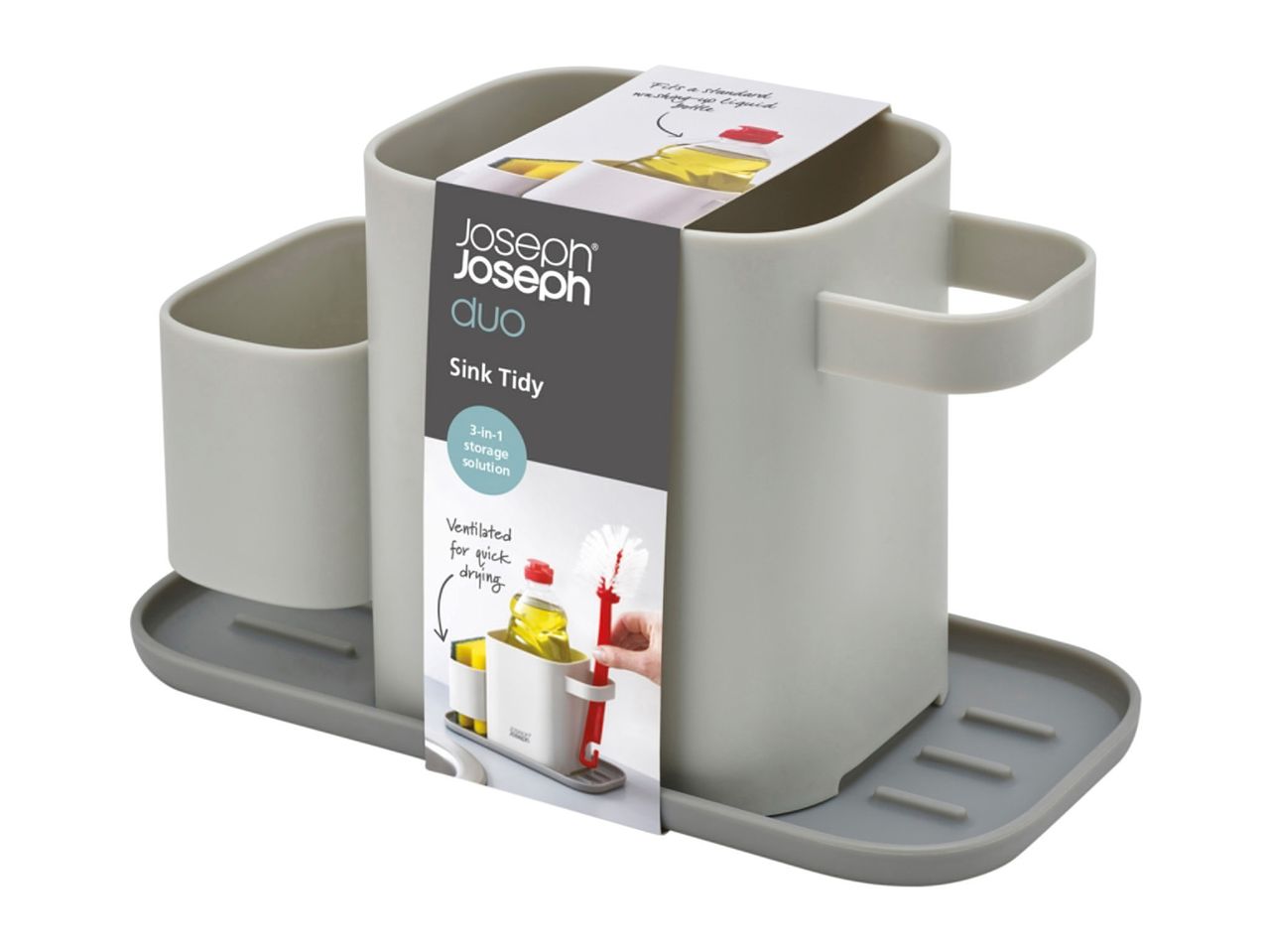 Grey Joseph Joseph dish drainer with cutlery holder and sponge tray.