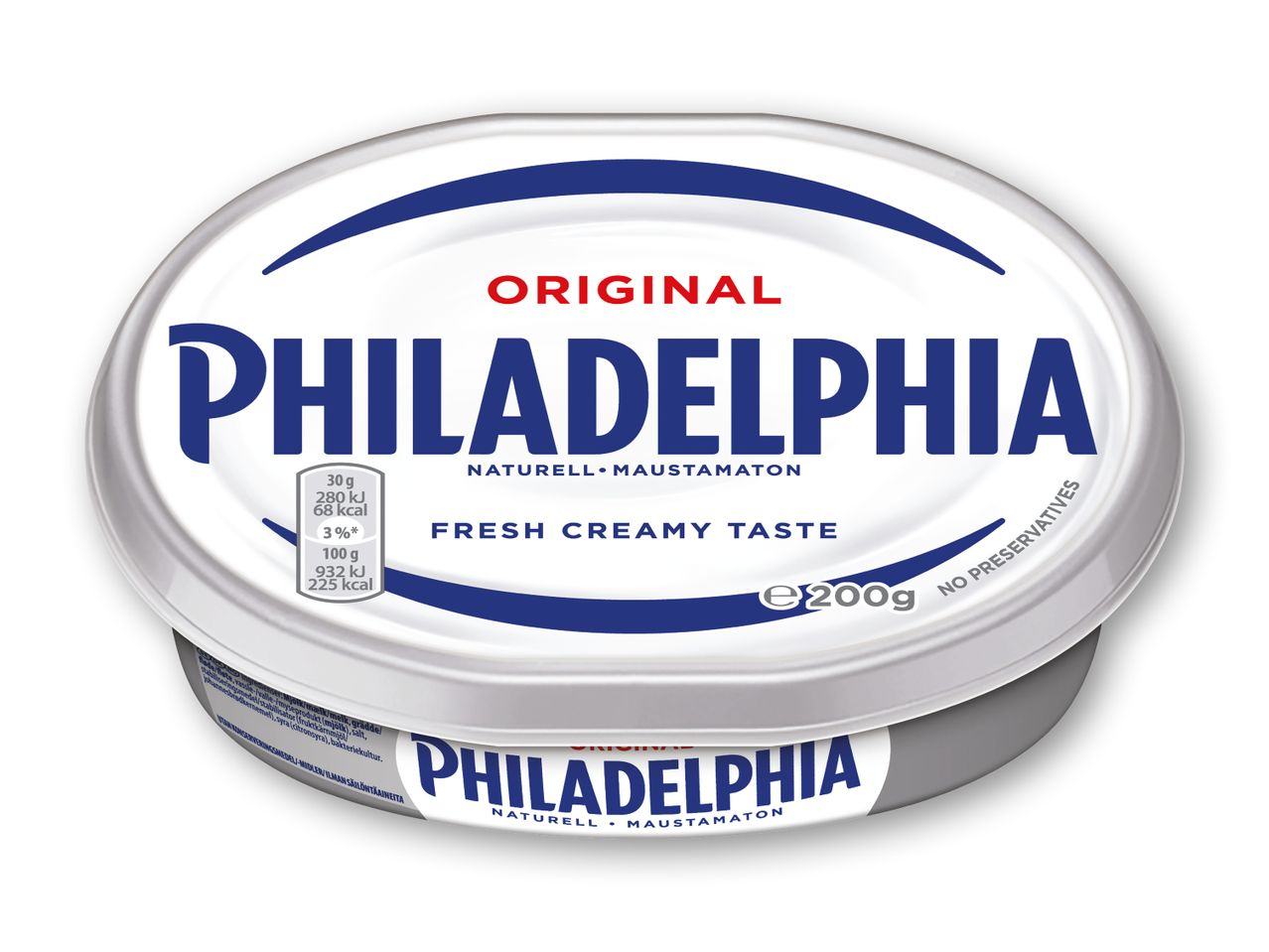 En beholder Philadelphia Original flødeost (200g) med oplysninger om ernæring og ingredienser.