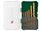 Set de burghie și șurubelnițe Parkside® cu burghie aurii într-o carcasă verde.