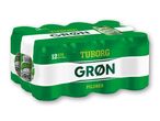 12-pak Tuborg Grøn Pilsner dåser.