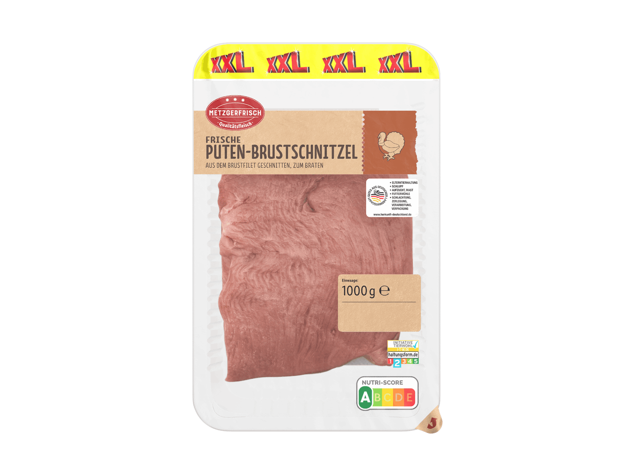 Verpackung mit frischem Putenbrustschnitzel, 1000g, mit Nutri-Score A und Haltungsform 2.