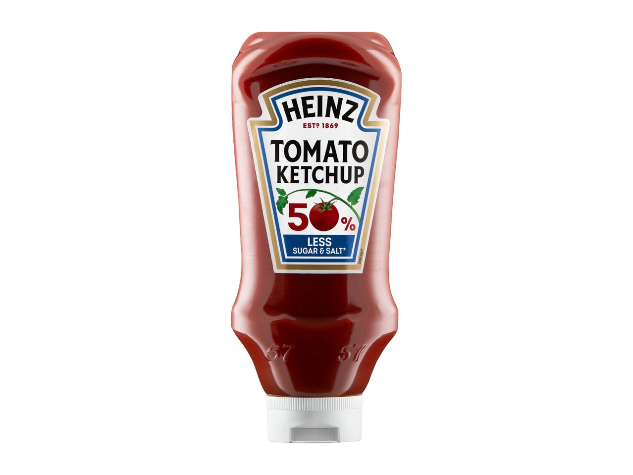 Tomato ketchup bottle with 50% less sugar and salt.