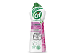 Fles crème reiniger met roze bloemen en de tekst 'Pink Flower', verwijdert 100% van het meest hardnekkige vuil.