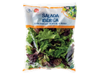Embalagem de Salada Ibérica Chef Select com alface baby leaf verde e roxa, e rúcula.