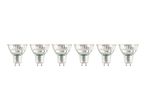 Six GU10 halogen light bulbs arranged in a row on a white background.