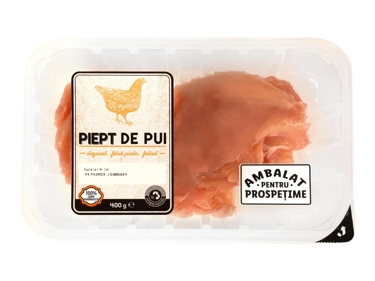 400 g piept de pui feliat, fără piele.
