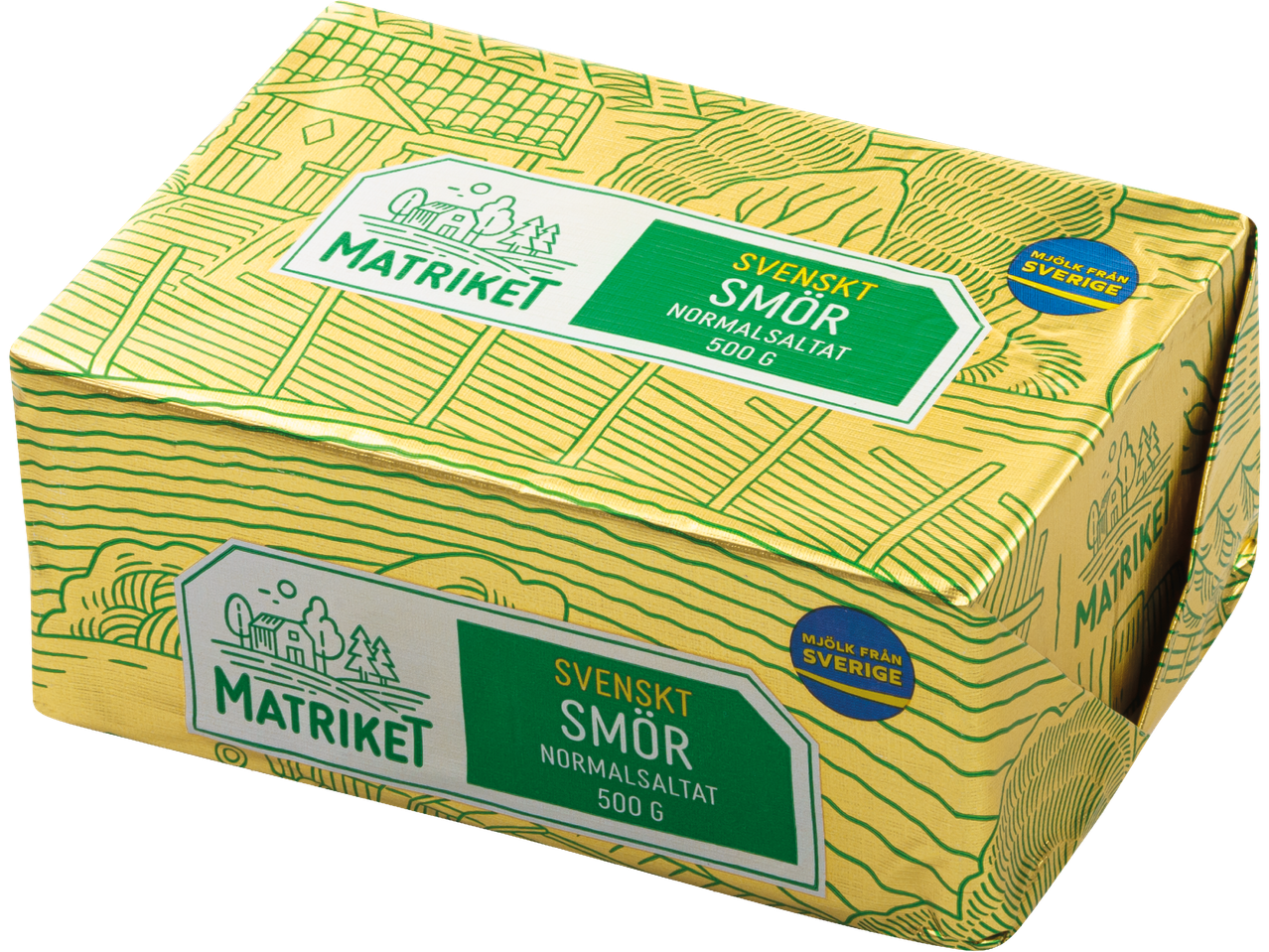 Ett paket smör med texten 'Svenskt Smör Normalsaltat 500 G' och 'Mjölk från Sverige'.